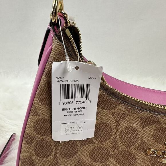 Coach Teri Hobo Bag In Signature Canvas Crossbody In Gold/Tan/Fuschia CV940 NWT - Picture 5 of 11